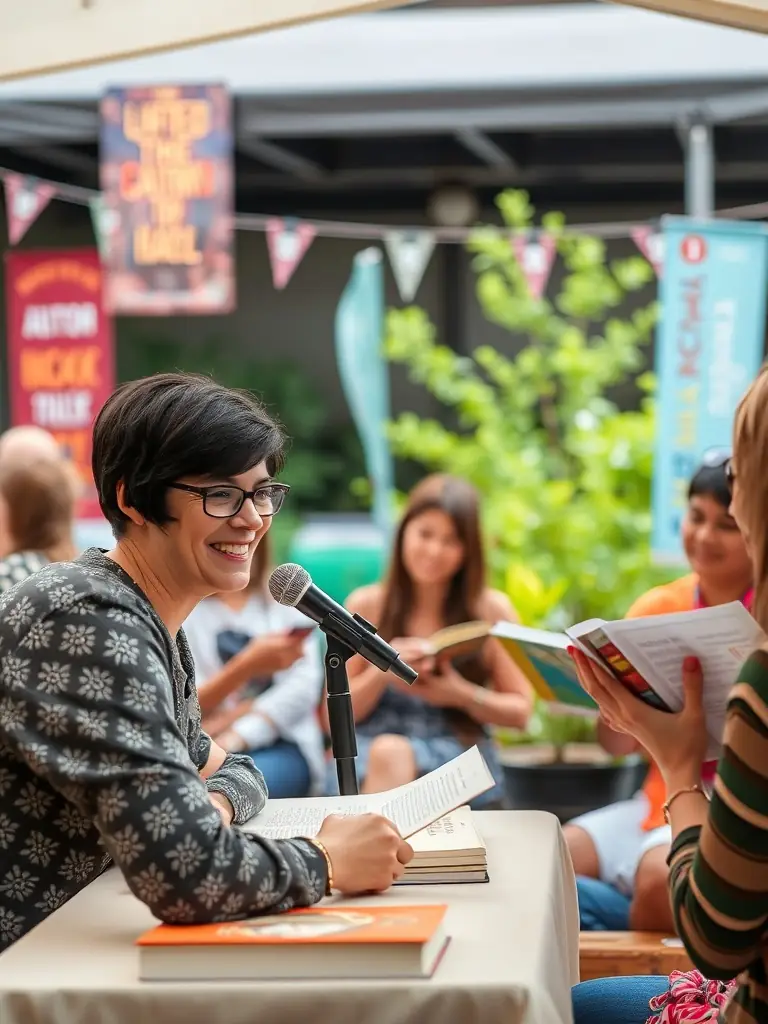 A photograph of an author engaging with attendees during a literary exploration event at the festival, highlighting the interaction and intellectual exchange.