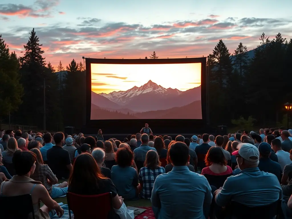 A vibrant image of a diverse audience watching an outdoor adventure film screening at sunset, with a large screen displaying a breathtaking landscape.