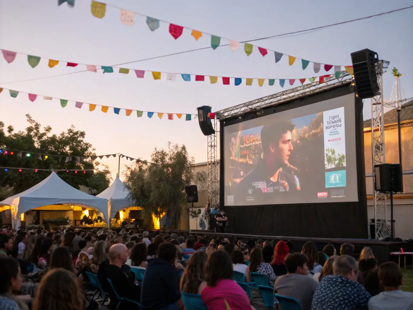 A dynamic shot of a film festival audience captivated by a screening, with the film's adventurous landscape reflected in their eyes.