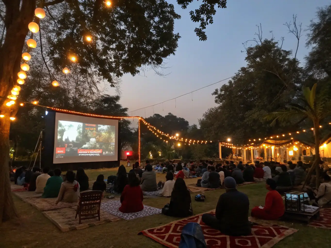 A vibrant scene from an adventure film screening, showing a packed audience captivated by the on-screen action. The image captures the excitement and community spirit of the event.