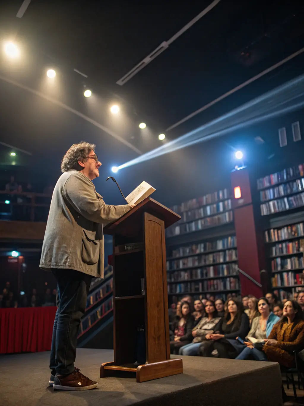 A photo of a literary exploration event, featuring an author giving a talk about their adventure book to an attentive audience.