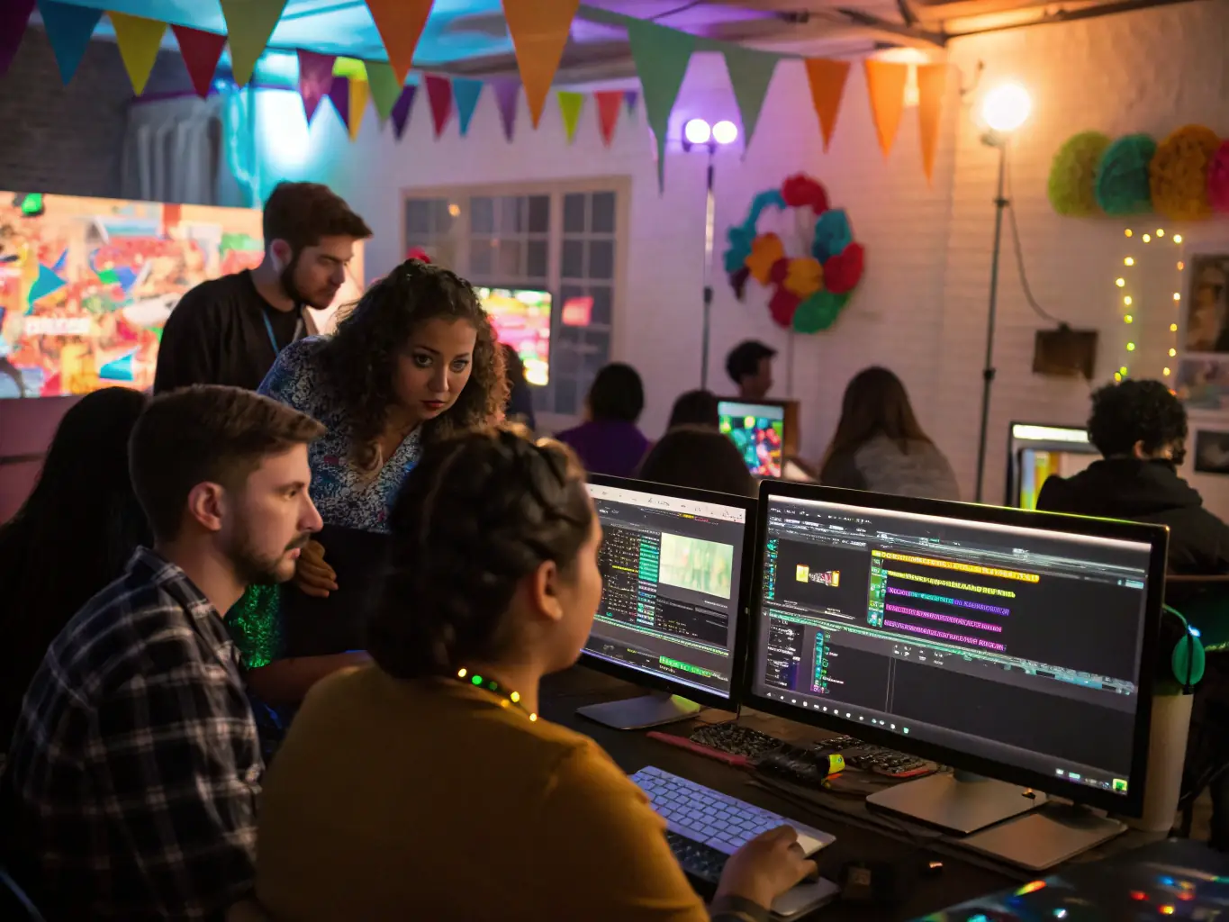 A dynamic image of participants engaging in an interactive workshop focused on adventure filmmaking, with cameras, editing equipment, and enthusiastic instructors.