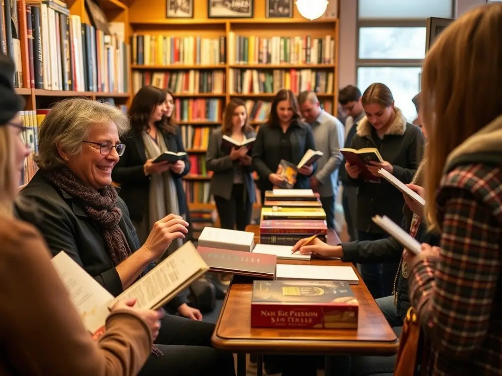 A cozy and inviting scene from a literary event, featuring an author engaging with attendees during a book signing.