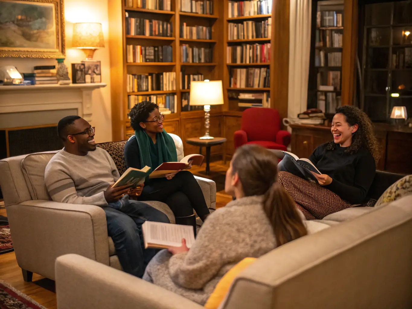 An engaging scene of authors and readers participating in a lively book discussion in a cozy, well-lit venue, with shelves of adventure books in the background.